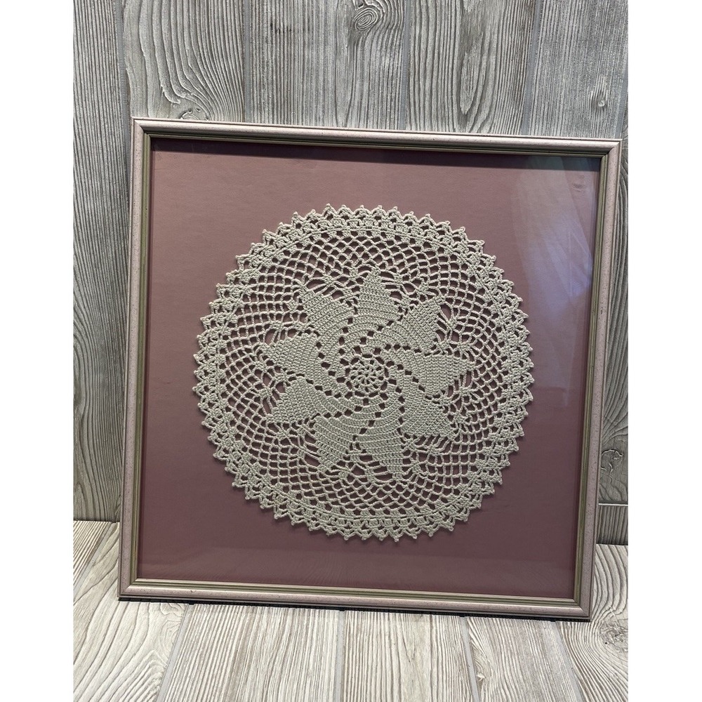 Vintage Framed Crochet Doily Wall Art Handmade Lace Decor Wood Frame 15.5"